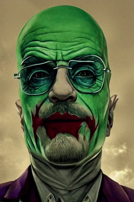 Image similar to walter white as the joker, green hair, photorealistic, highly detailed,