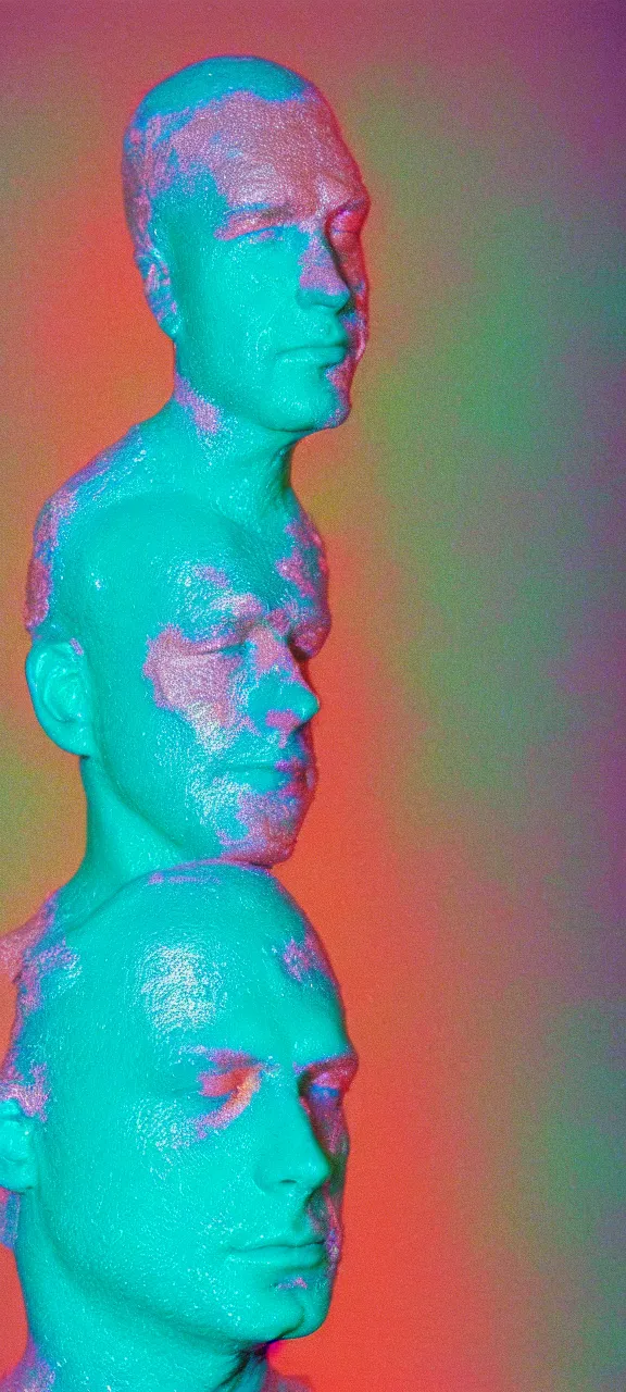 Prompt: realistic product photo of a mans face covered in shriveling dead semi - translucent iridescent coral reef, emitting aura, the man is designed by dieter rams, cyan background, 1 9 6 0, life magazine photo, natural colors, metropolitan museum, kodak, 8 k, very detailed, high resolution, product photo,