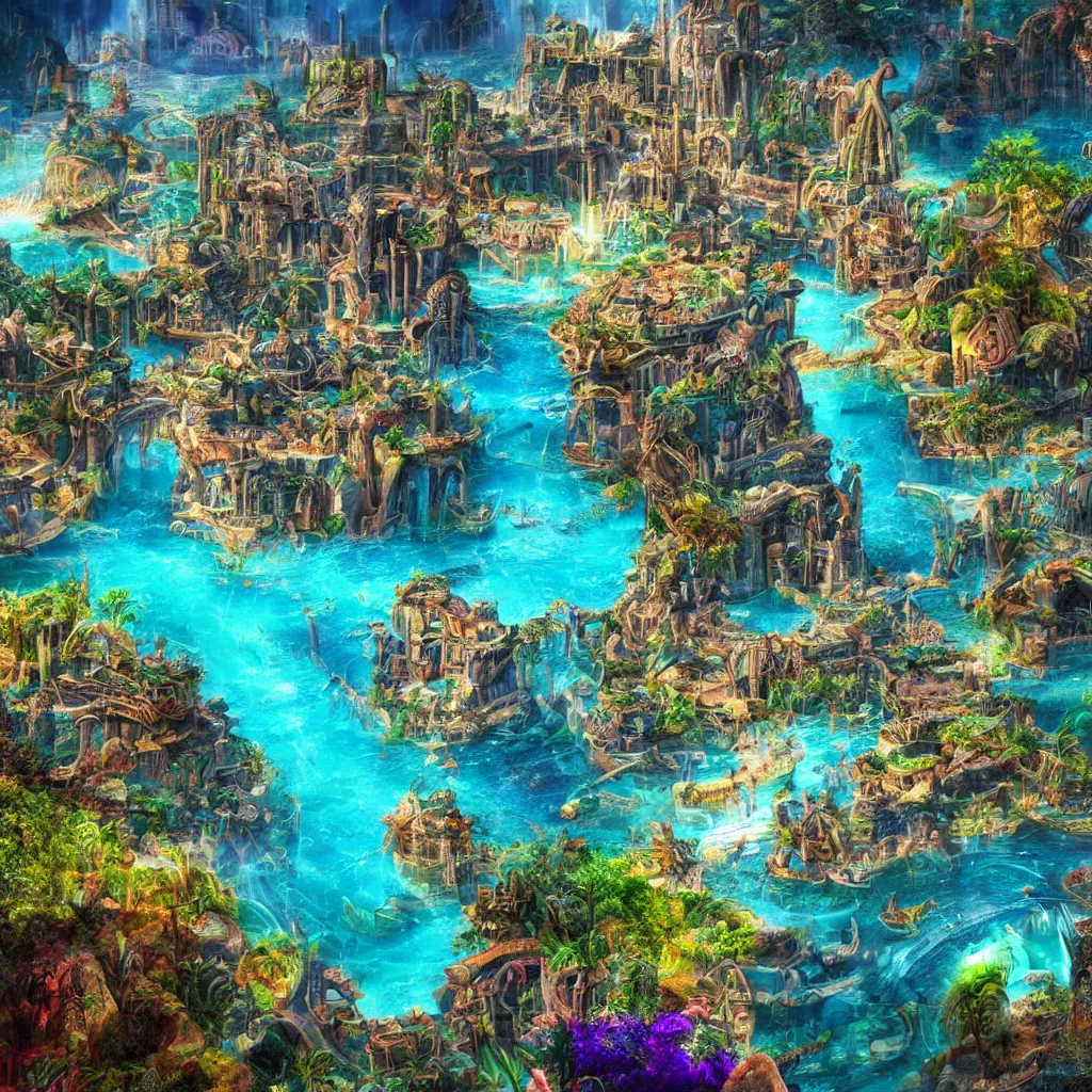 Image similar to lost city of atlantis, hyper realism, colorful, 8 k, realistic, psychedelic