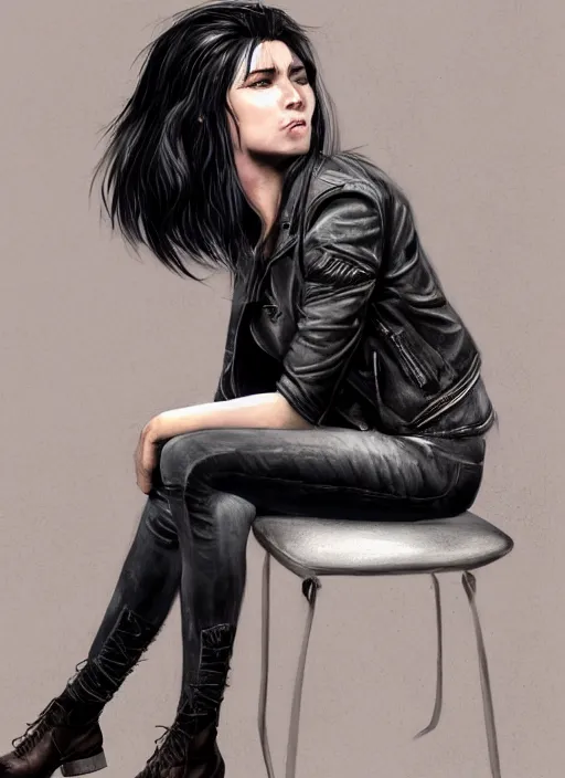 Prompt: an upset woman with black hair and a leather jacket and a grey shirt, sitting on a chair in a run down hotel room, muscular upper body, abs, gritty, intricate, elegant, highly detailed, digital painting, artstation, smooth, sharp focus, illustration, unreal engine 5, face enhance, masterpiece