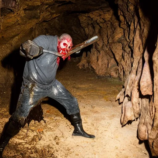 Image similar to big butcher man posing scarily, scary angry pose, fresh kill, bloody, cleaver, earie setting, in a dark cave, horror, hyperdetailed