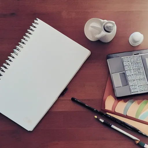 Prompt: A relaxing study session, books, pencil, paper, laptop, desk, pastel colors