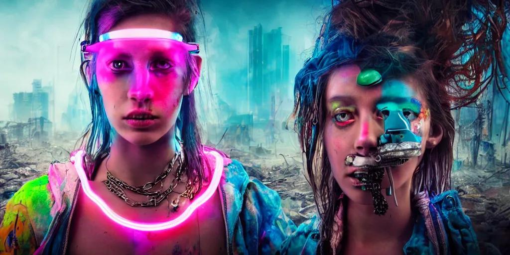 Image similar to post apocalyptic scene with half android half female wearing jewelry along mutated animals and colorful neon from far dystopian city, ultra wild lens, high details, 8k