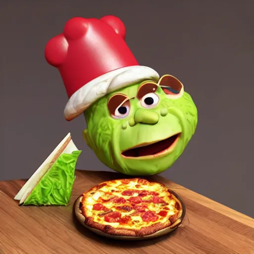 Image similar to cabbage characters with pizza peel, royal walruss king wearing a crown, cooking pizza in a wood fired oven, highly detailed 3 d render, funny, pixar