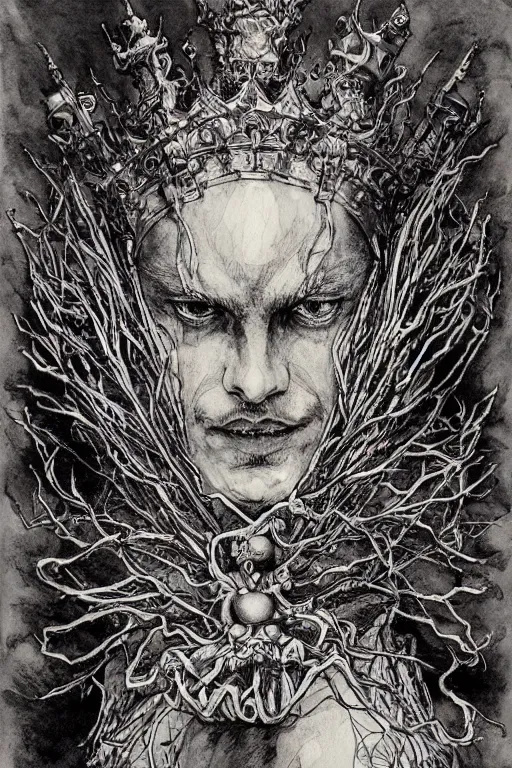 Image similar to portrait The King of Fools, With a Jesters crown, Wings lift him up, Roots hold him down, pen and ink, intricate line drawings, by Yoshitaka Amano, Ruan Jia, Kentaro Miura, Artgerm, watercolor