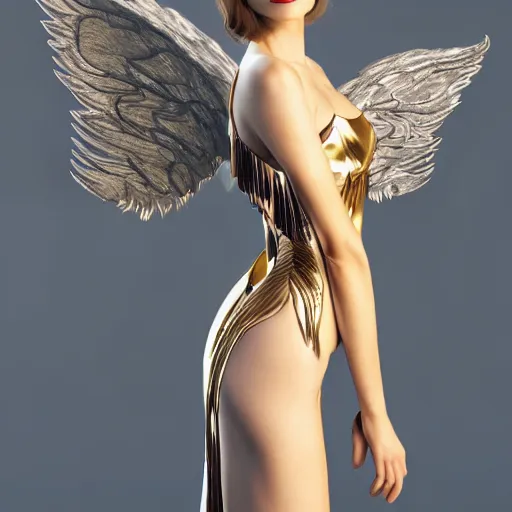 Image similar to fantasy angel with wings inspired avant - garde art, deco fashion, highly detailed, photorealistic portrait, bright studio setting, studio lighting, crisp quality and light reflections, unreal engine 5 quality render