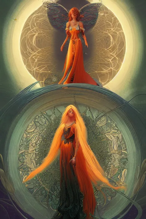 Image similar to Angelic beauty in the moonlight, the Tyndal effect, Art Nouveau Cosmic 4k Detailed Matte Illustration featured on Getty Images ,CGSociety, Jade and Carrot orange color scheme, Pastiche by Marc Simonetti, Pastiche by Cedric Peyravernay
