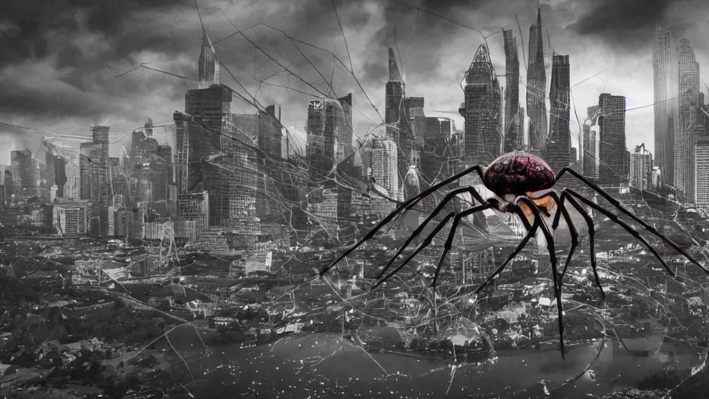 Image similar to giant arachnids attacking the city, photography, realistic, arachnophobia