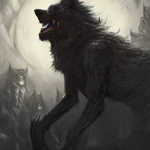 Image similar to Werewolf, Fantasy Illustration in the style of Mohrbacher, gothic artstyle, 4k masterpiece, Moody lighting with fog