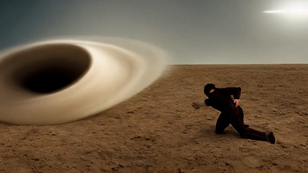 Prompt: A man falling into a 5 hour vortex, film still from the movie directed by Denis Villeneuve with art direction by Salvador Dalí, wide lens