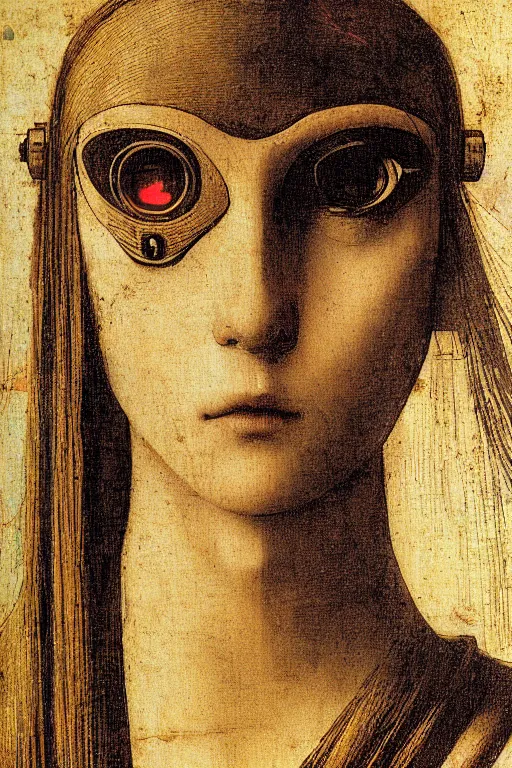 Image similar to a close - up portrait of a cyberpunk cyborg girl, by leonardo davinci, rule of thirds