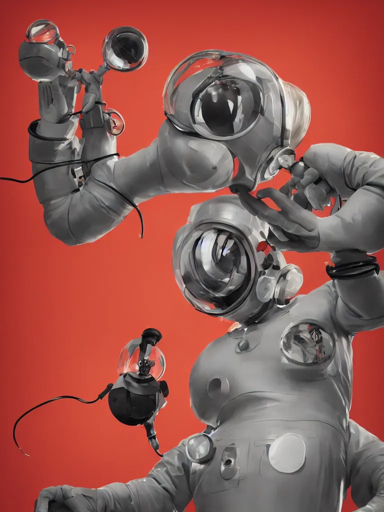 Prompt: graphic art of dystopian futuristic mechanic surgeons astronauts, operate on a cracked skull mickeymouse!!!! head!! float brain!!!, held by a crane. ominous glowing red netflix!!! logo in the background, trending on art station, beeple!!!!, clean concept art, smooth, octane render, minimal