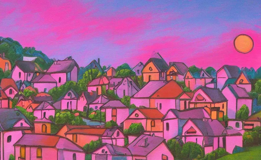 Prompt: village, houses with faces, sunset atmosphere, pink, low contrast, naive, detailed