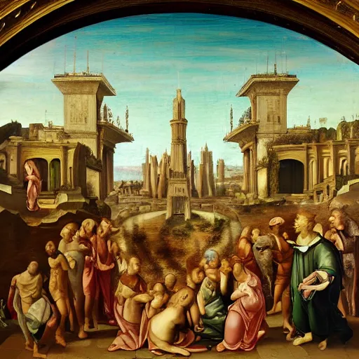 Image similar to a renaissance painting of an alien city ( made of gold )