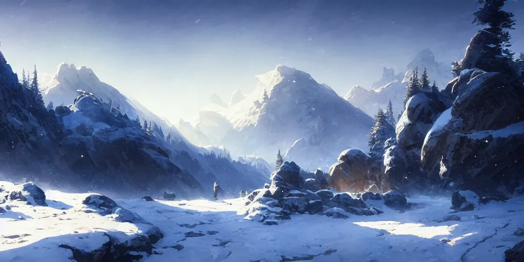 Prompt: snowy mountainous landscape, cinematic view, blue sky, detailed, concept art, low angle, high detail, realistic, warm lighting, volumetric, godrays, vivid, artstation, digital painting by jordan grimmer and greg rutkowski