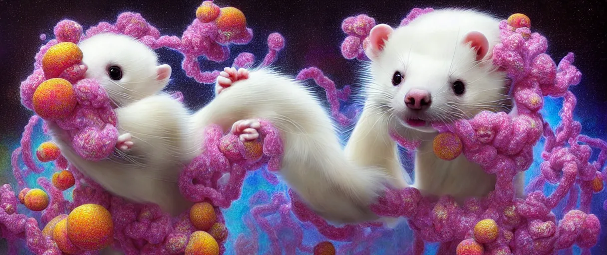 Prompt: hyper detailed 3d render like a Oil painting - kawaii portrait Aurora (playful white haired pet Ferret) seen Eating of the Strangling network of yellowcake aerochrome and milky Fruit and Her delicate Hands hold of gossamer polyp blossoms bring iridescent fungal flowers whose spores black the foolish stars by Jacek Yerka, Mariusz Lewandowski, Houdini algorithmic generative render, Abstract brush strokes, Masterpiece, Edward Hopper and James Gilleard, Zdzislaw Beksinski, Mark Ryden, Wolfgang Lettl, hints of Yayoi Kasuma, octane render, 8k