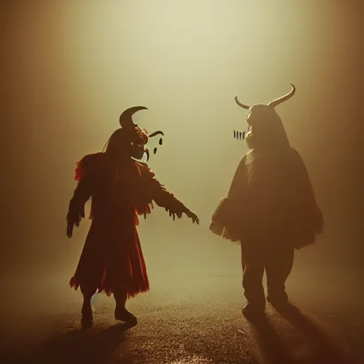 Prompt: A demon holding hands with a scary clown, creepy, dramatic lighting