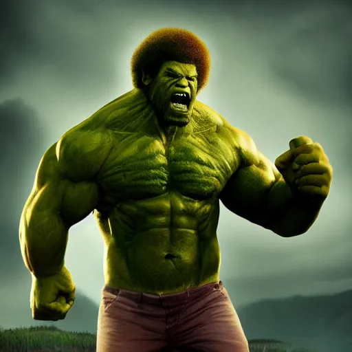 Image similar to full body portrait , photomanipulation of BOB ROSS as hulk with human flesh, marvel, fully detailed, volumetric lightening, octane render, 8k, masterpiece, epic composition