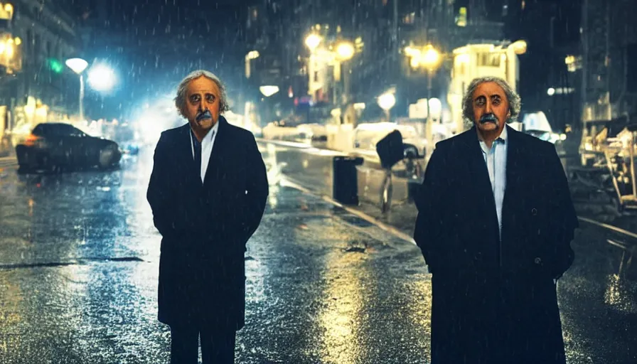 Image similar to hyper-realistic 2010s movie still of Giovanni Falcone in a street a night, by Paolo Sorrentino, Cinestill 800t 35mm, beautiful color, high quality, neon billboards and streetlight, rain, lens flare