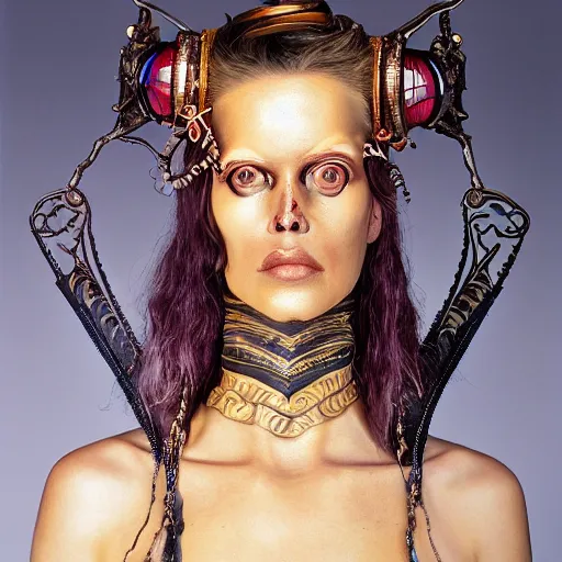 Prompt: an award finning closeup facial portrait by luis rogyo and john howe of a bohemian female cyberpunk traveller clothed in excessively fashionable 8 0 s haute couture fashion and wearing ornate art nouveau body paint