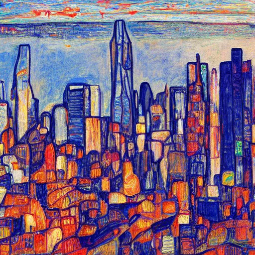 Image similar to futurist san francisco skyline in the style of egon schiele