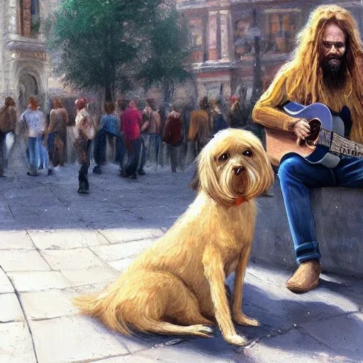 Image similar to oil painting of a young man with long hair blond and a beard hippie style with his golden retrever dog playing guitar in the square for money, people watching around, by greg rutkowski, artstation