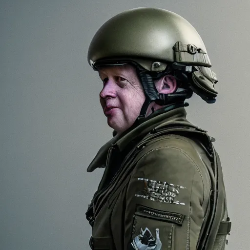 Prompt: boris johnson with military helmet on in kyiv, realistic, wide shot, sunny lighting, octane render, gq magazine, hyper realistic, high quality, highly detailed, hd, beautiful, cinematic, 8 k, unreal engine, facial accuracy,