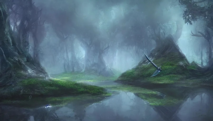 Image similar to sword stuck in a pond island, rainy enchanted forest of the ancients, moody high exposure, digital painting, concept art, photoshop speedpaint, by lihangw