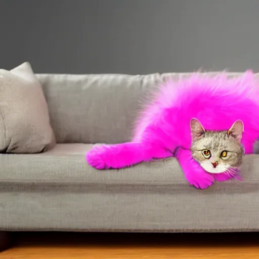 Image similar to a anthropomorphic cat with pink fur sitting on a couch