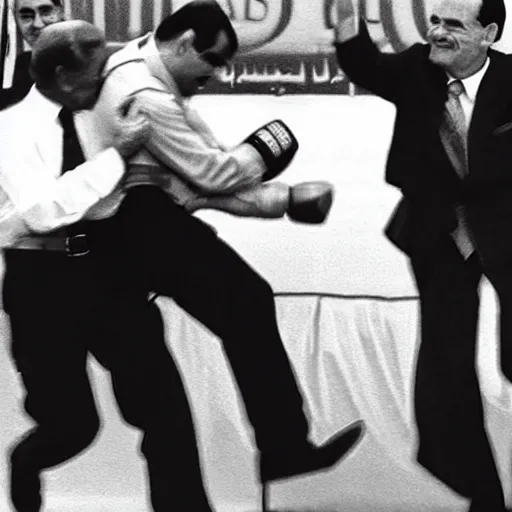 Prompt: George H.W. Bush punches Saddam Hussein, historical photo