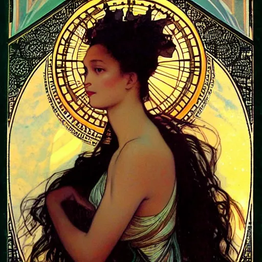 Prompt: thandiwe newton portrait by louis - theophile hingre and alphonse mucha, realistic, sharp focus, zodiac signs, tarot cards, planets, ethereal, art nouveau, magic, moon, sun, crown, dreamy, royal, jewellery