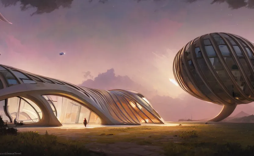 Image similar to exterior shot of utopian architecture laboratory with cinematic lighting by zaha hadid and renzo piano, darek zabrocki and greg ruthkowski, alphonse mucha, simon stalenhag, cinematic, scifi, futurism, atmospheric, sunset, concept art, artstation, trending on artstation