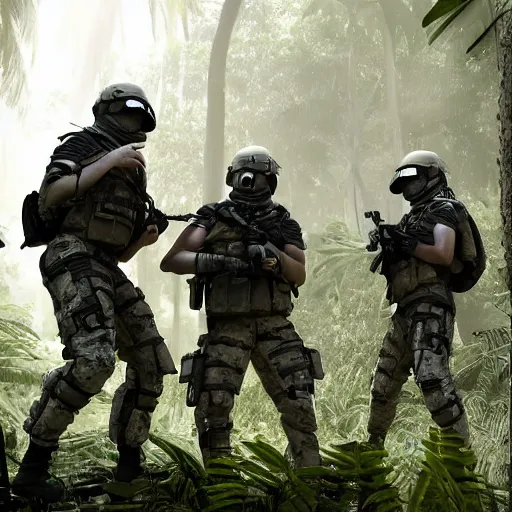 Image similar to Mercenary Special Forces soldiers in light grey uniforms with black armored vest and helmet escorting a VIP in the jungles of Tanoa, combat photography by Feng Zhu, highly detailed, excellent composition, cinematic concept art, dramatic lighting, trending on ArtStation