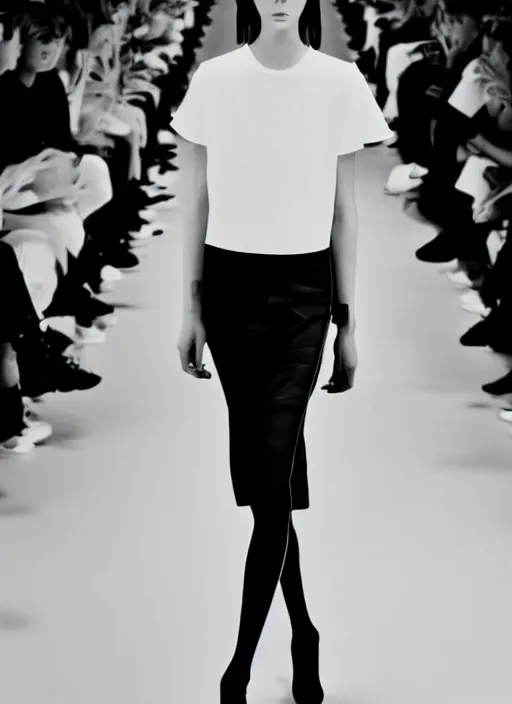 Image similar to still photo of balenciaga fashion show cat walk, black and white color aesthetic, highly detailed, photorealistic portrait, bright studio setting, studio lighting, crisp quality and light reflections, unreal engine 5 quality render