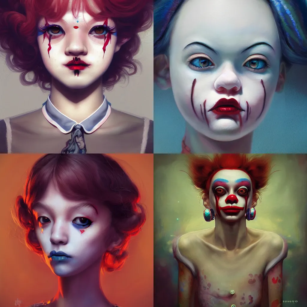 Image similar to breathtaking detailed painting of clown girl , with anxious, piercing eyes, Atari game cover art by Hsiao-Ron Cheng, James jean, Miho Hirano, Hayao Miyazaki, extremely moody lighting, hyperrealistic, octane render, RPG portrait, ambient light, dynamic lighting