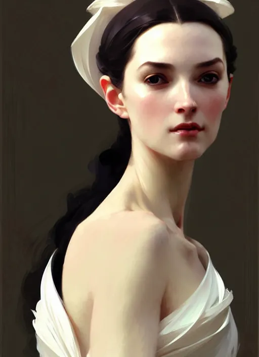 Image similar to character concept portrait of a woman with pointy ears and an elegant gown, pale face, intricate, elegant, digital painting, concept art, smooth, sharp focus, illustration, from Metal Gear, by Ruan Jia and Mandy Jurgens and William-Adolphe Bouguereau, Artgerm