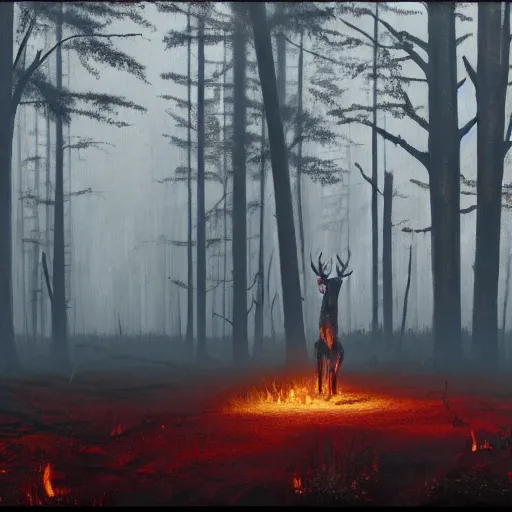 Prompt: a forest in a extreme fallout, with radioactive rain and flames everywhere, a deer is in the middle of the scenery by greg rutkowski, 4 k, realistic oil painting