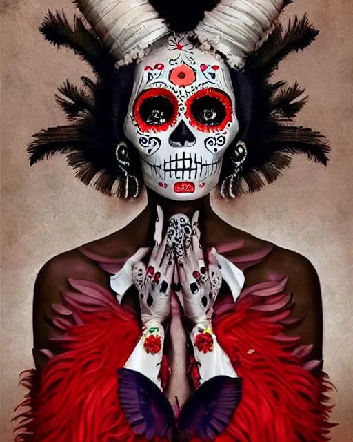 Image similar to dia de los muertos theme surrealist!!!! art in the styles of igor morski, jim warren, and aida muluneh, intricate, hyperrealistic, accurate facial details, profile picture with chromakey!!!!! background, volumetric lighting