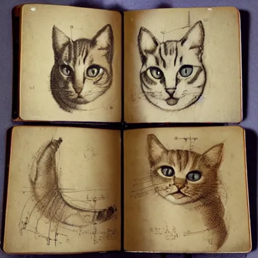 Image similar to da vinci ’ s sketchbook, showing the design of cats,