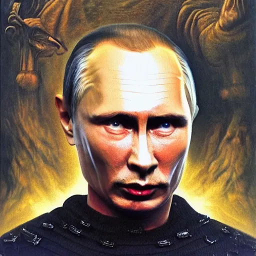 Image similar to stupid idiot degraded retard vlad putin photo - realistic, color image, hyper realistic, 2 k, highly detailed, occult art, by giger, fractal structure