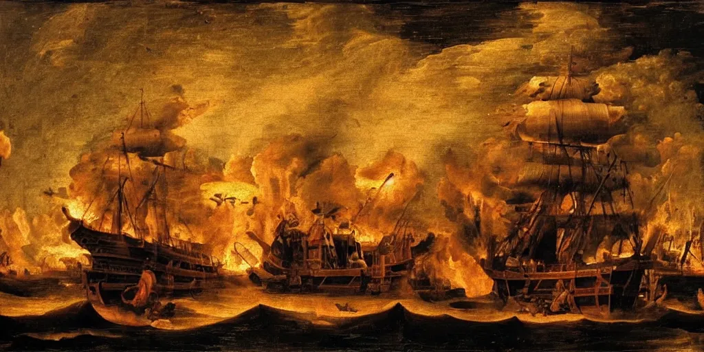 Prompt: renaissance painting of a 1 8 th century ship on fire at night. cinematic