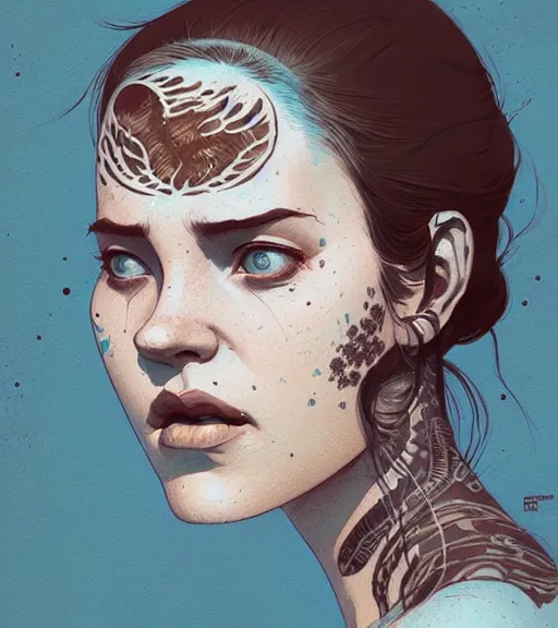 Image similar to portrait of a woman raised on the island face tatooes by atey ghailan, by greg rutkowski, by joe fenton, by kaethe butcher, dynamic lighting, gradient light blue, brown, blonde cream and white color scheme, grunge aesthetic