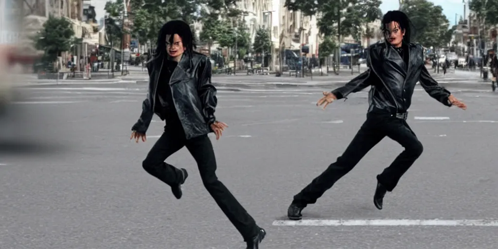 Prompt: leaked photo of Michael Jackson running down street, ultra realistic, 4K, movie still, UHD, sharp, detailed, cinematic, render, modern