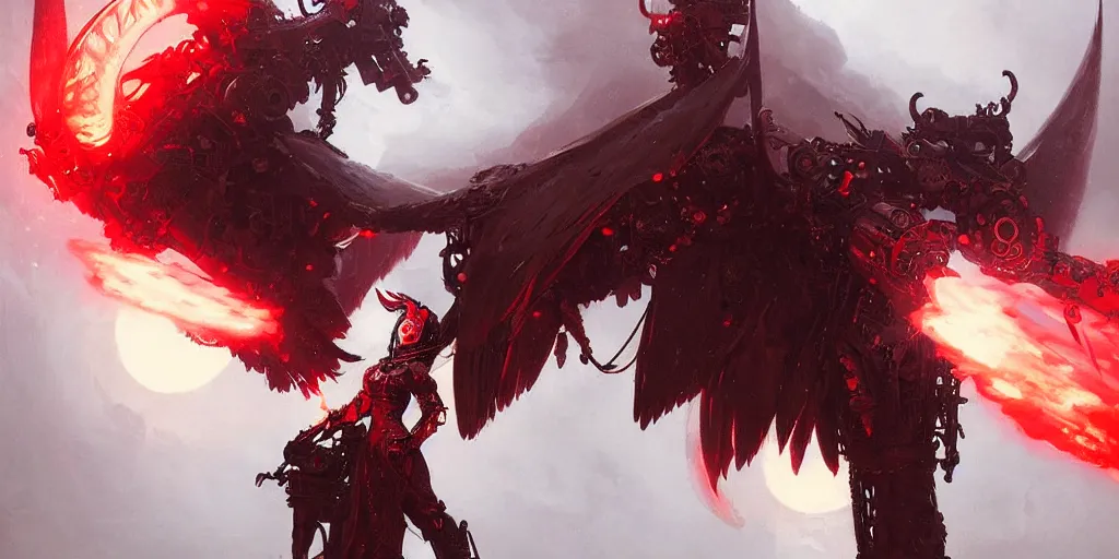 Prompt: mechanical steampunk cyborg devil red skin satan horns with white! angel wings flames and fire concept art greg rutkowski ivan aivazovsky