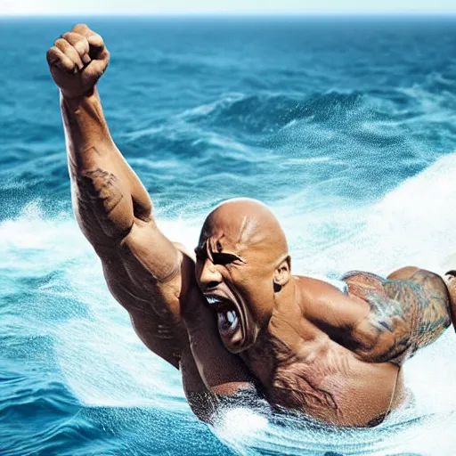 Image similar to photo of Dwayne Johnson yelling and riding a sark in the middle of the ocean, full shot, highly detailed face