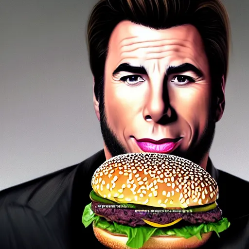 Prompt: portrait of John Travolta eating big mac hamburgers, extra onions and ketchup, hyperdetails, displacement mapped octane render, luscious patty with sesame seeds, ethereal, handsome, D&D, fantasy, intricate, elegant, highly detailed, digital painting, artstation, concept art, matte, sharp focus, illustration, art by Artgerm and Greg Rutkowski and Alphonse Mucha