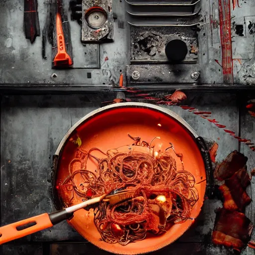 Image similar to red hot frying pan with bacon, tangles of metallic cables, dark messy smoke - filled cluttered workshop, dark, dramatic lighting, orange tint, sparks, plasma charges, cinematic, highly detailed, sci - fi, futuristic, movie still