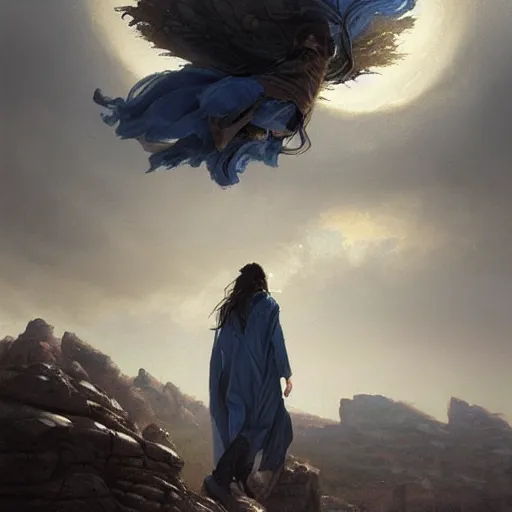 Image similar to a young man with long wavy black hair and a long blue coat floats in the air very high up over rocky ground. he is glowing. fantasy painting by greg rutkowski.