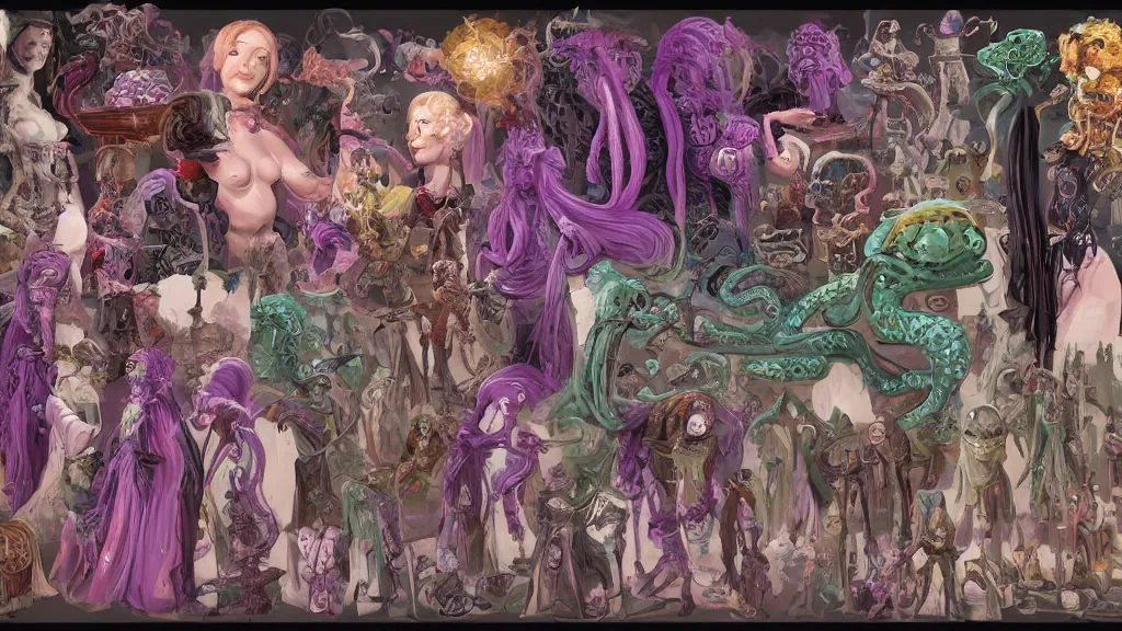 Image similar to highly detailed colorful character sheet for a stocky extraterrestrial victorian female servant maid with thick snake - like tentacles for hair, long dress with apron, star wars, jim henson creature shop, farscape, impact by craig mullins, by studio ghibli, digital art, trending on artstation, hd, 8 k, highly detailed, good lighting, beautiful, masterpiece