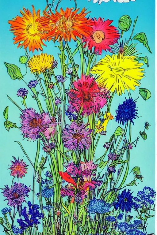 Prompt: an explosion of flowers against a bright blue sky, 80s sci-fi book art